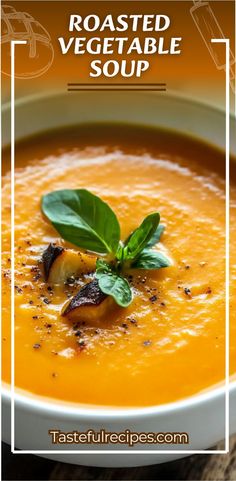 roasted vegetable soup in a white bowl with basil garnish and text overlay