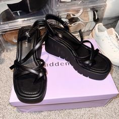 Madden Girl Black Sandals Never Worn Size 7.5 Casual Black Slingback Sandals With Chunky Platform, Black Chunky Platform Slingback Sandals, Black Chunky Platform Slingback Open Toe Sandals, Black Slingback Sandals With Chunky Platform, Black Synthetic Slingback Sandals With Chunky Platform, Black Slingback Sandals With Chunky Platform And Open Toe, Trendy Black Synthetic Slingback Sandals, Black Platform Wedge Slingback Sandals, Madden Girl Sandals