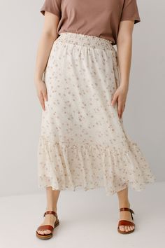 'Anaise' Smocked Waist Floral Chiffon Midi Skirt in Alabaster Chiffon Midi Skirt, Saturday Brunch, Floral Print Skirt, Layered Tops, Modest Fashion Outfits, Floral Chiffon, Feminine Look, Basic Tops, Spring Collection