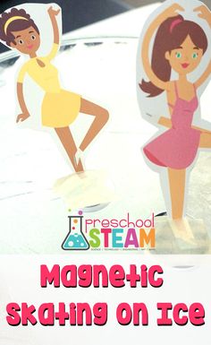 two paper dolls are standing on ice with the words magnetic skating on ice in front of them