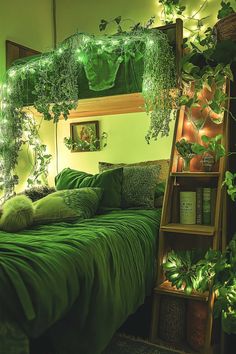 25+ Green Witch Aesthetic Bedroom Cozy Forest Green Room Aesthetic, Green Bed Aesthetic, Forest Aesthetic Bedroom, Emerald Green Rooms, Witchy Room Aesthetic, Vintage Room Aesthetic