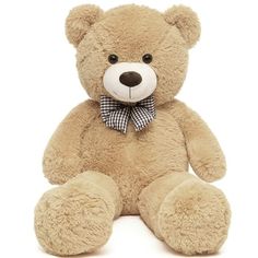 a brown teddy bear with a checkered bow tie sitting in front of a white background