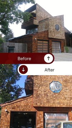 before and after photos of a brick house with garage door open to reveal new windows