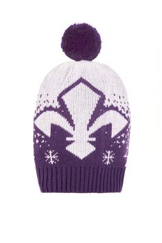 a purple and white knitted hat with a pom - pom