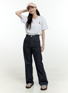 Product Detail Style : Casual Occasion : Back to school Detail : Stitch Fit : Wide fit Cotton 100 Color : Dark blue, Black, White Made in Korea Model Size Model is wearing size S(Length-M) and the color Dark blue. Height : 5'5" | 165cm / Top : S / Bottom : S (26 inch) .prddescription table, .prddescription td, .prddescription th { border : 1px solid black; border-collapse : collapse; padding: 10px; } Size(Inch) Size Waist Hip Thigh Rise Hem Total Length S(Length-S) 24.8" 36.2" 20.9" 11.8" 9.4" 3 Casual High-rise Jeans With Contrast Stitching, Casual High Waist Jeans With Contrast Stitching, Casual High Rise Jeans With Contrast Stitching, Casual Wide Leg Bottoms With Contrast Stitching, Trendy Cotton Jeans For School, Casual High-rise Bottoms With Contrast Stitching, Casual High-waisted Pants With Contrast Stitching, Casual High Rise Bottoms With Contrast Stitching, Casual High Waist Pants With Contrast Stitching