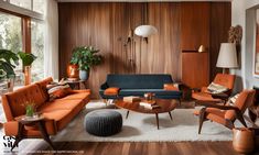 a living room with wood paneling and orange chairs, coffee table, lamp, rug