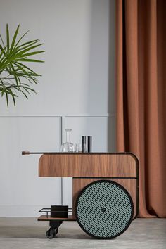 a wooden table with speakers on it next to a potted plant