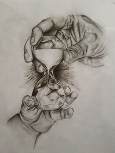 a pencil drawing of two hands holding an hourglass with sand coming out of it