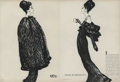 two black and white drawings of women in evening dresses