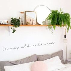 there is a bed with pillows and plants on the headboard, along with a mirror