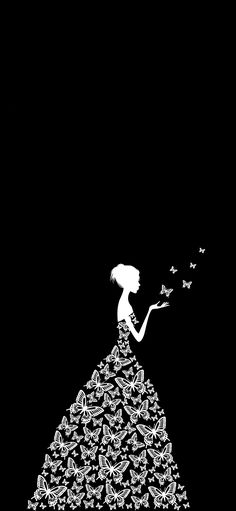 the silhouette of a woman in a dress with butterflies flying around her, on a black background