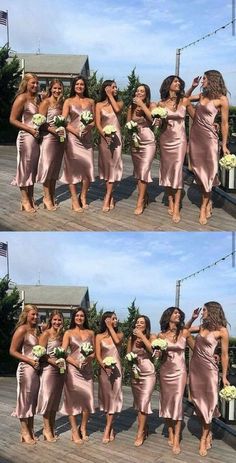 four pictures of women in different dresses posing for the camera