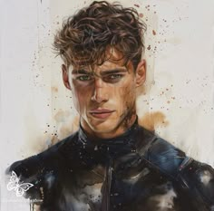 a painting of a young man wearing a black leather jacket