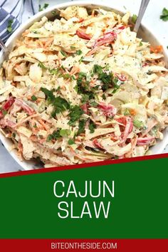 a white bowl filled with cajun slaw and garnished with cilantro