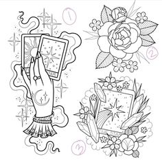 a hand holding an object with flowers and stars on the side, next to another drawing