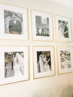 black and white photos hanging on the wall in a wedding photo gallery with bride and groom