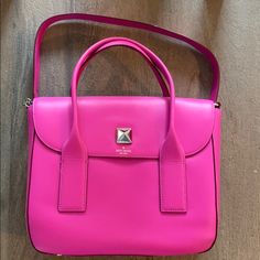 Gorgeous Bright Pink Leather. Black And White Printed Interior. Shoulder Straps Or Carry On Crook Of Arm. Dust Bag Included. Excellent Condition With Minor Wear Throughout Pink Handbag, Bags Kate Spade, Pink Handbags, Kate Spade Bags, Handbag Purse, Pink Leather, Kate Spade Top Handle Bag, Neon Pink, Bright Pink