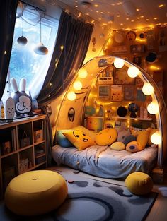 a room with lights and stuffed animals on the floor, in front of a window