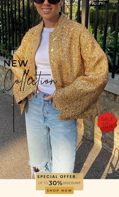 Golden Times Sequin Pocket Relaxed Jacket Chic Gold Long Sleeve Blazer, Winter Party Outerwear With Pockets, Winter Outerwear With Pockets For Parties, Gold Outerwear For Work In Spring, Chic Gold Long Sleeve Outerwear, Gold Long Sleeve Blazer For Winter, Chic Gold Outerwear For Spring, Gold Long Sleeve Outerwear For Spring, Trendy Gold Outerwear For Party