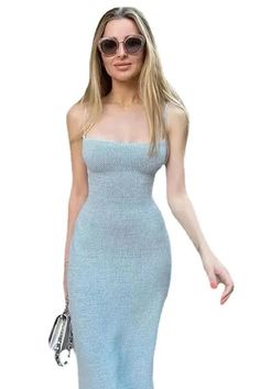 This slim-fit midi dress features a long suspender style with a knitted texture, offering a sleek and comfortable design perfect for layering or wearing alone. Details: Neckline: Halter Material: POLYESTER Elasticity: High Stretch Fabric Type: Knitting Size (IN) Bust Waist Hip Length S 12.99-17.32 21.65-22.83 25.98-35.43 42.13 M 13.78-18.11 22.44-24.41 27.56-37.01 42.91 L 14.57-18.90 23.23-25.98 29.13-38.58 43.70 Elegante Y Chic, Long Sweater Dress, Fitted Midi Dress, Sleeveless Bodycon Dress, Women Shirts Blouse, Club Dresses, Synthetic Fiber, Elegant Woman, Evening Wear