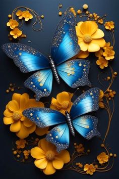 blue butterflies and yellow flowers on a black background