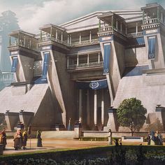 an artistic rendering of a futuristic building with people walking around the front yard and onlookers looking at it