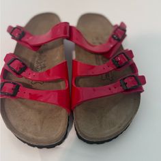 Birkenstock Birki's Havanna Patent Leather 3 Strap Sandals Red Sz 7 New Without Tags Beach Slides With Red Sole And Round Toe, Adjustable Red Sandals With Removable Insole, Red Sandals With Buckle Closure For Spring, Red Adjustable Synthetic Sandals, Adjustable Red Synthetic Sandals, Red Flat Slides For Spring, Red Sandals With Cushioned Footbed For Spring, Red Slides With Cushioned Footbed For Spring, Red Cushioned Sandals For Spring