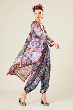 Shop for Rajdeep Ranawat Multi Color Sonth Satin Botanical Print Dhoti Pant for Women Online at Aza Fashions Bohemian Silk Sets With Floral Print, Bohemian Silk Floral Print Set, Multicolor Silk Floral Print Pants, Multicolor Silk Pants With Floral Print, Multicolor Floral Print Silk Pants, Rajdeep Ranawat, Draped Jacket, Botanical Floral Prints, Pattern Jacket