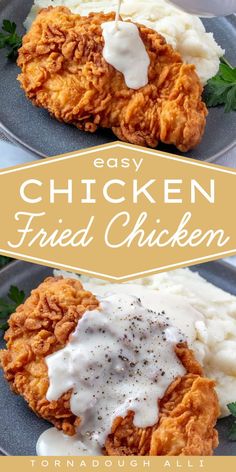 two plates with fried chicken and mashed potatoes on them, the title says easy chicken fried