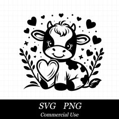 a cow with hearts on it's chest and the words svg png commercial use