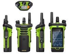 the motorola walkie talkies are green with black trimmings and buttons on them