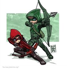 two cartoon characters one with a bow and the other wearing a red hoodie holding an arrow