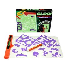 glow in the dark art kit with purple and green stencils, markers, and glue