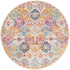 a round rug with an ornate design in multicolors and white, on a white background