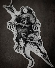 a black and white drawing of a dragon with a skull on it's head