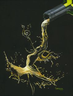 a bottle of wine being poured into the air with liquid pouring out of it,