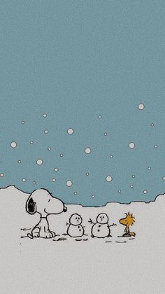 a charlie brown christmas scene with snoop and his family on the snow covered ground in front of a blue sky