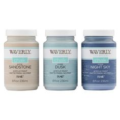 three jars of different shades of blue, white and brown with the words waverly on them