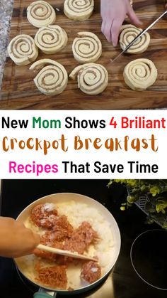 the process for making crockpot breakfast rolls is shown with text overlays