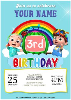 a birthday party flyer with two cartoon characters