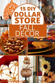 collage of fall decor with pumpkins, sunflowers and other things in the background