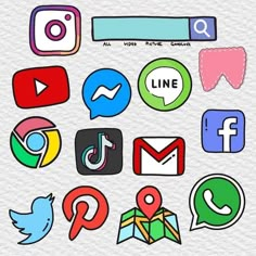 various social media icons on a white paper background, including one line and the other