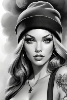 a black and white drawing of a woman with tattoos on her arm, wearing a beanie