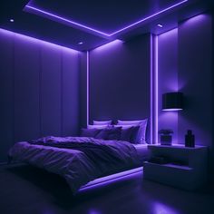 a bedroom with purple lighting and a bed