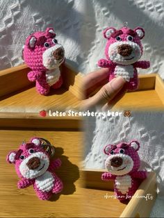 crocheted pink and white teddy bear sitting on top of a wooden box with two eyes