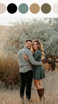 a couple standing in tall grass with their arms around each other, surrounded by color swatches