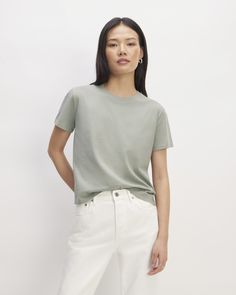 The Organic Cotton Box-Cut Tee White Cotton Everlane Tops, Everlane Cotton Short Sleeve Tops, Everlane Casual Short Sleeve T-shirt, Cropped Tee Outfit, Cotton Box, Cut Tees, Tee Outfit, Mean It, Green Tops