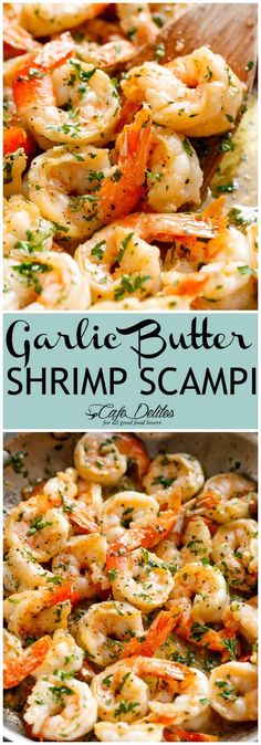 garlic butter shrimp scampp recipe in a skillet with the title above it