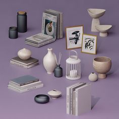 an assortment of vases, books and pictures on a purple background with white accents