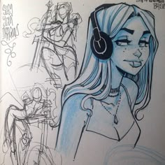 a drawing of a girl with headphones on her ears and in the background is a bike